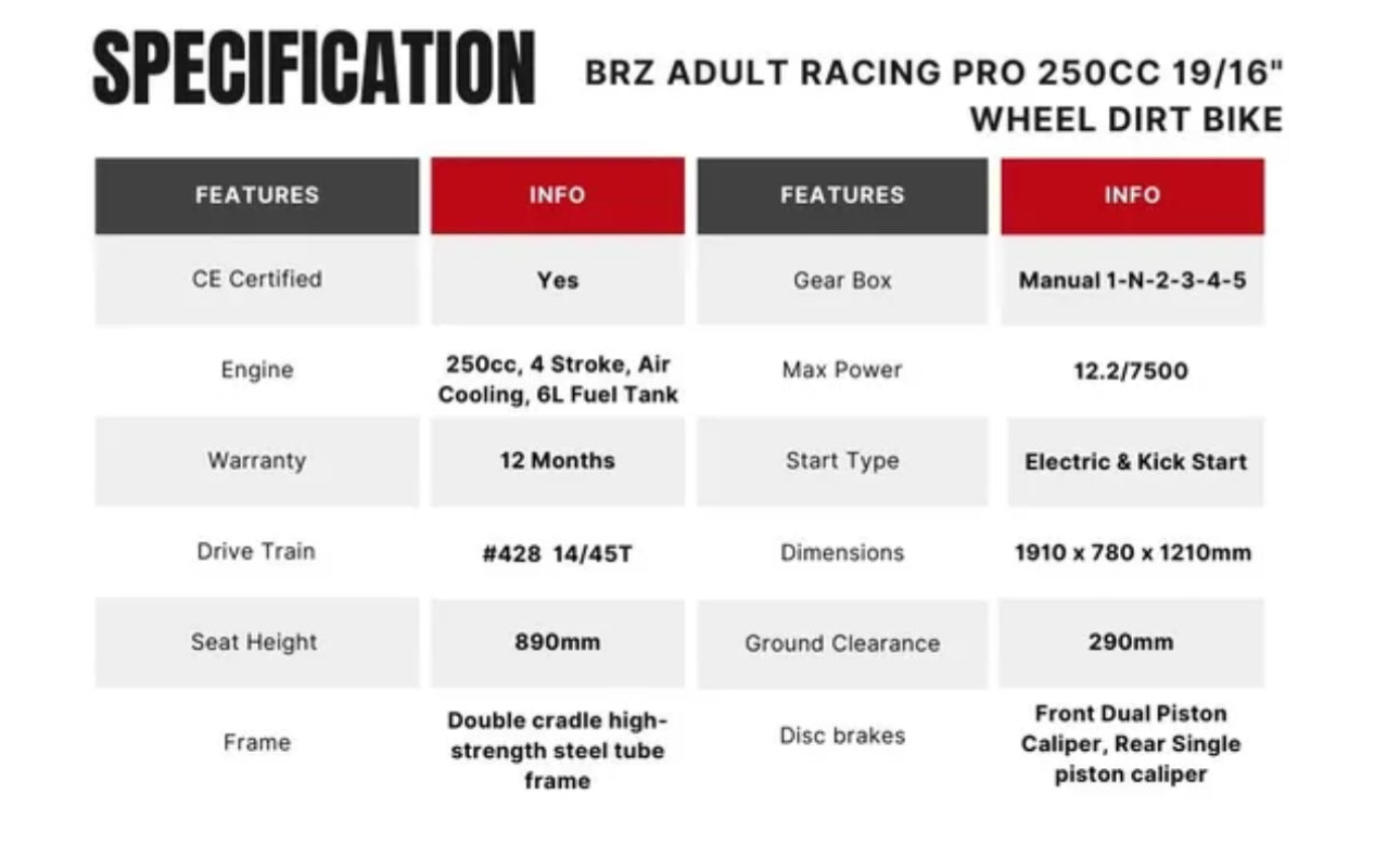 BRZ Race Pro 250cc Adults Dirt Bike’s