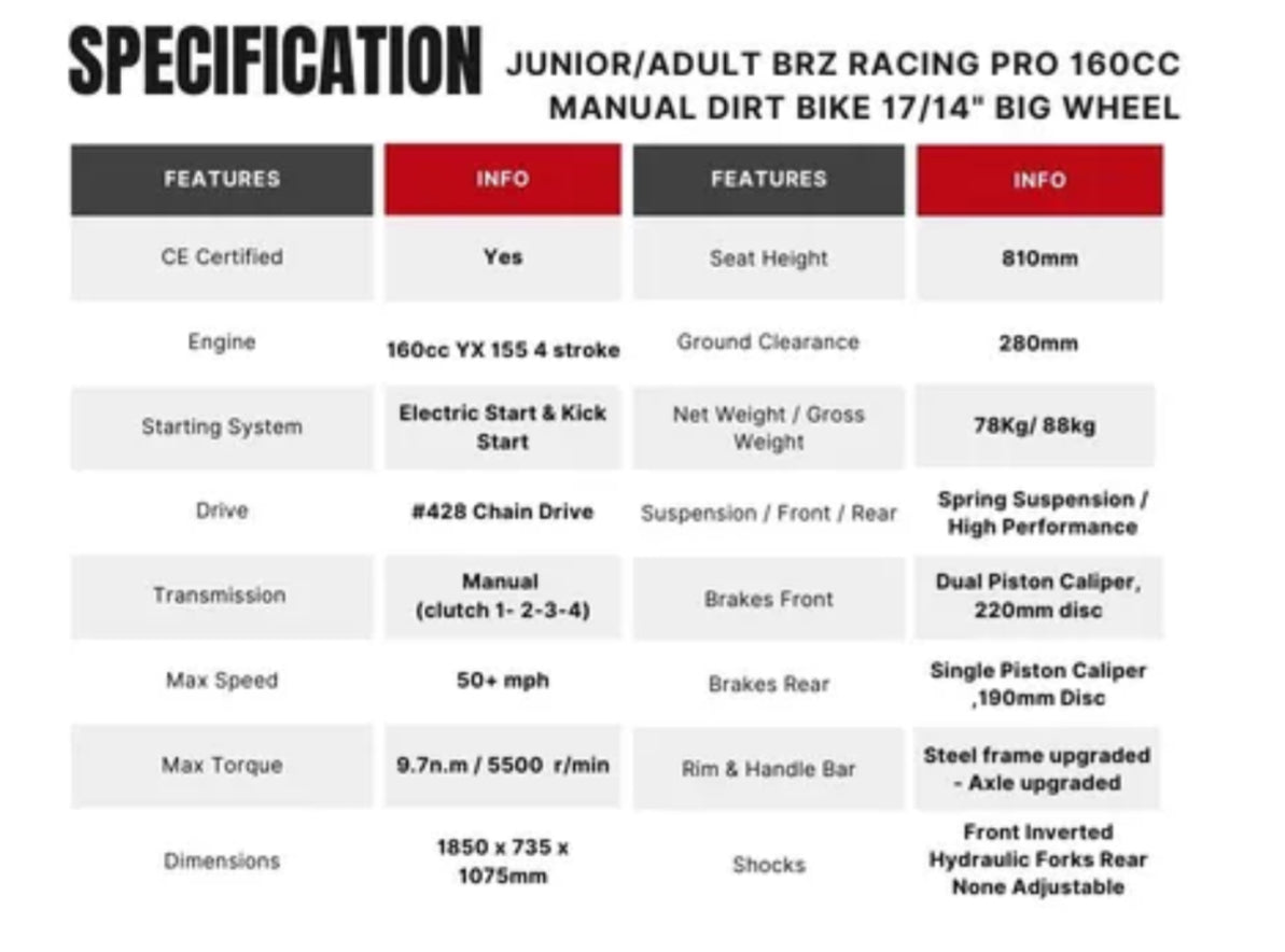 BRZ Race Pro 160cc Big Wheel Dirt Bike’s