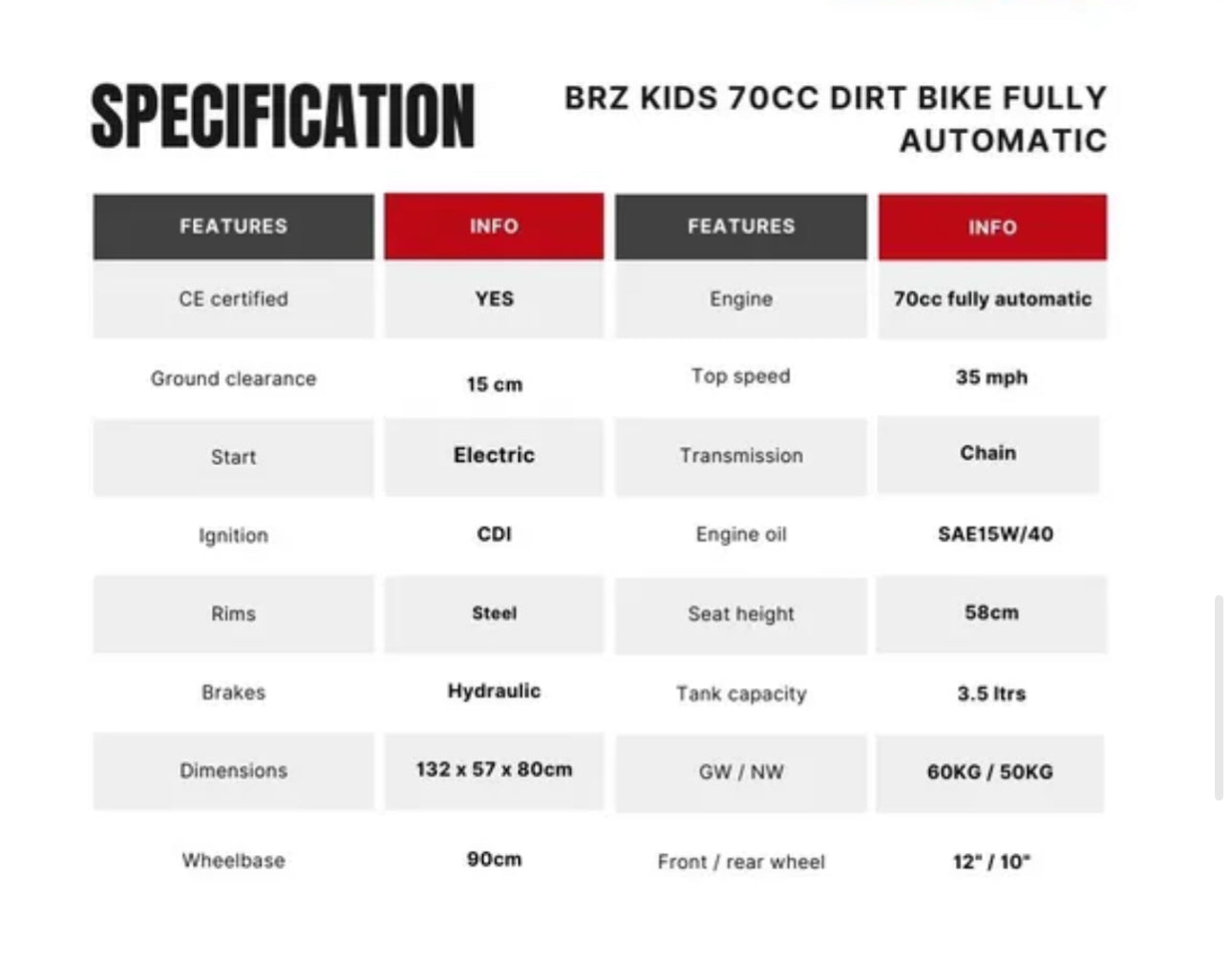BRZ 70cc Automatic Petrol Dirt Bike’s - CMW Bikes