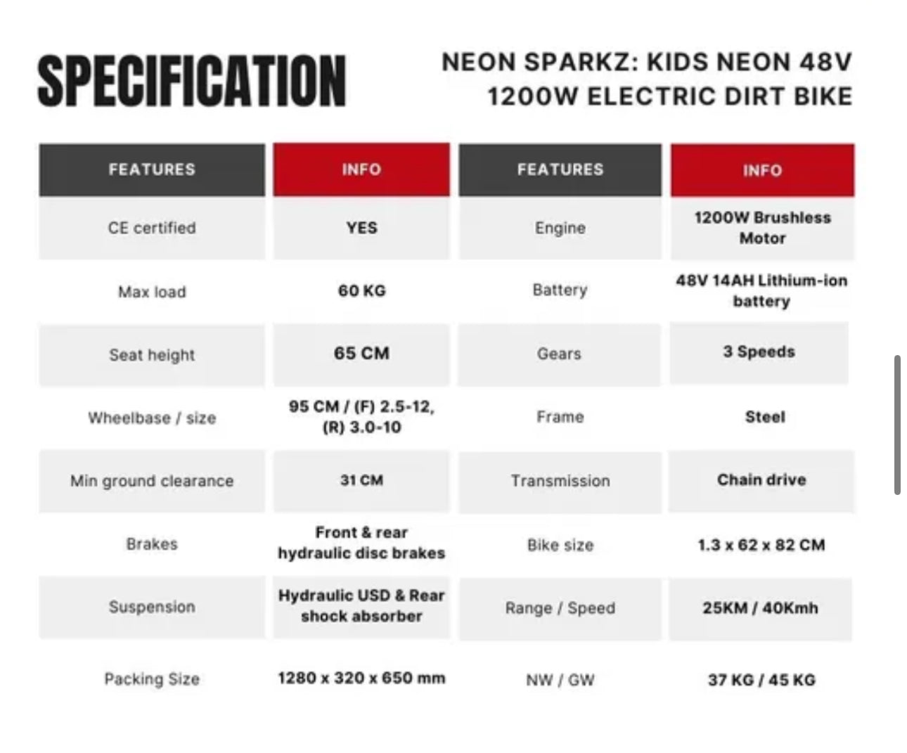 Neon SparkZ 1200w 48v Electric Dirt Bikes