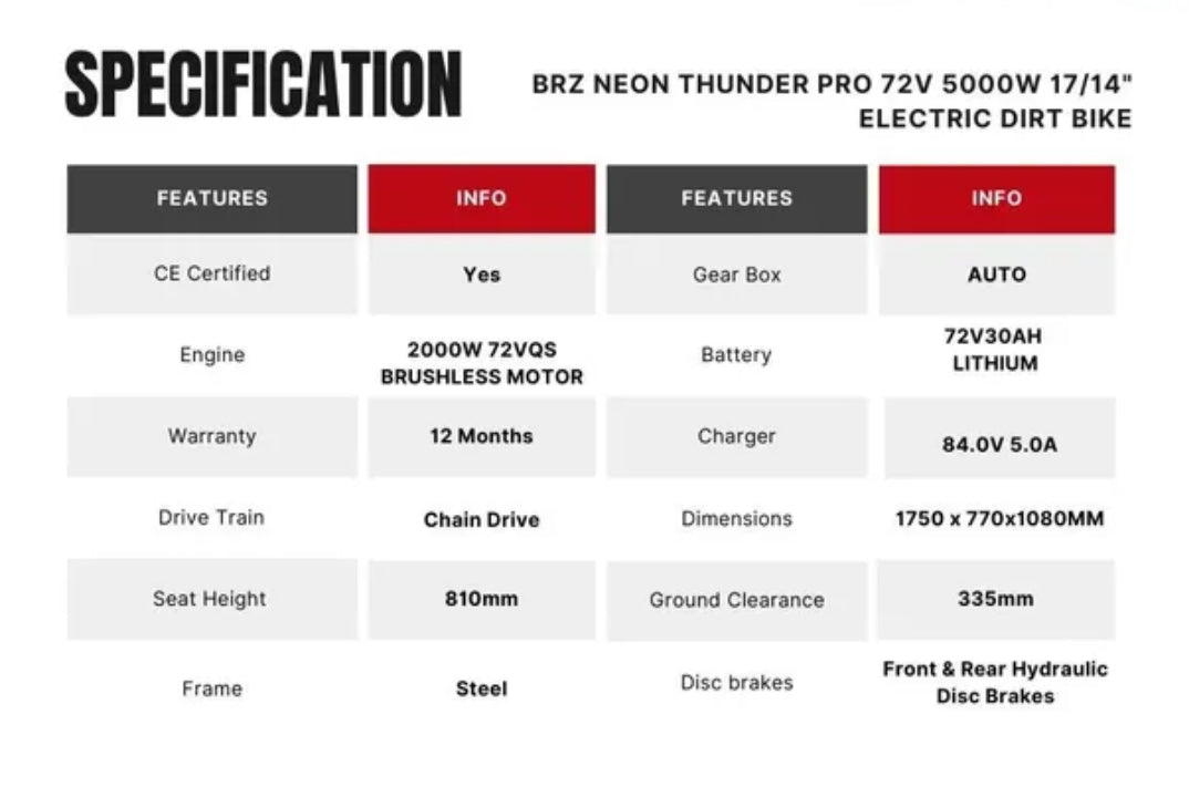 PRE-ORDER! BRZ 72v 5000w Electric Dirt Bike Small Wheel 17/14” (Est Dispatch 25/04/25!) - CMW Bikes